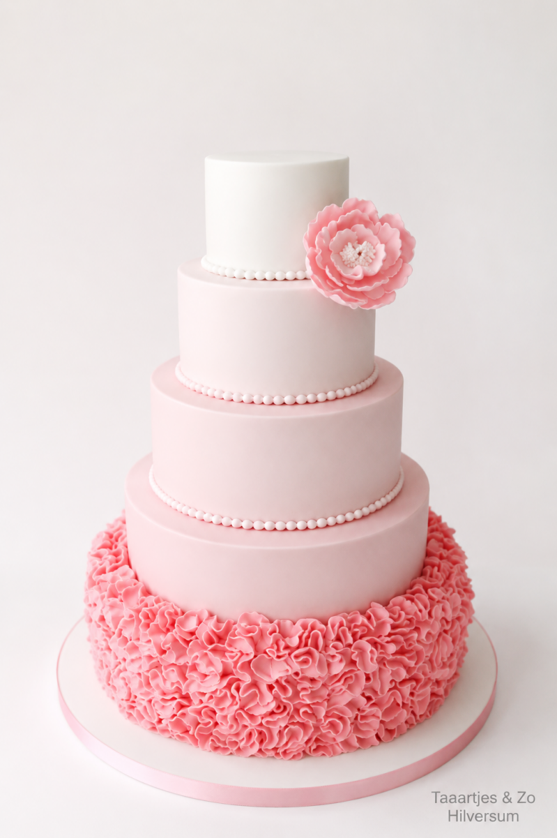 ombre bruidstaart met ruffles en handgemaakte bloem