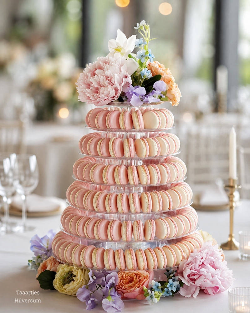 pastel roze en witte macarontoren met bloemen