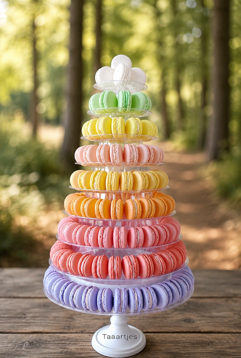 pastelkleurige macarontoren 9 lagen