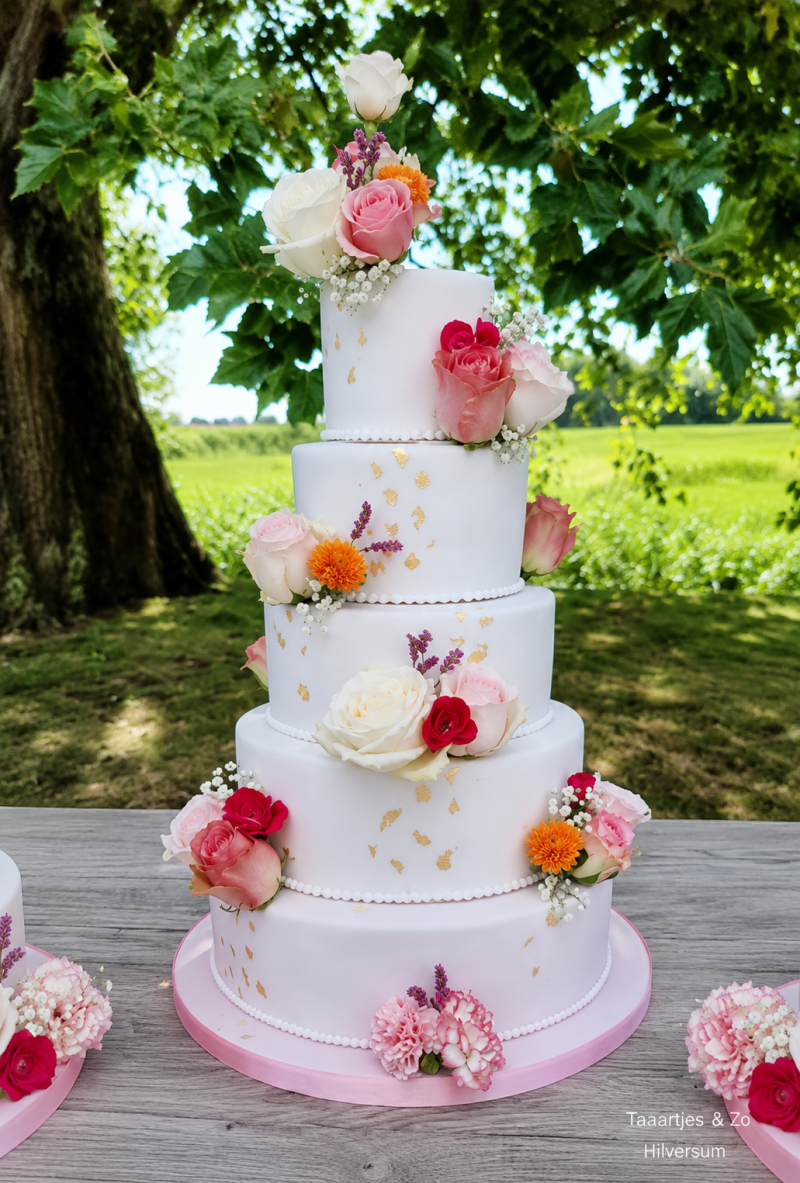 prachtige romantische bruidstaart met echte bloemen en bladgoud
