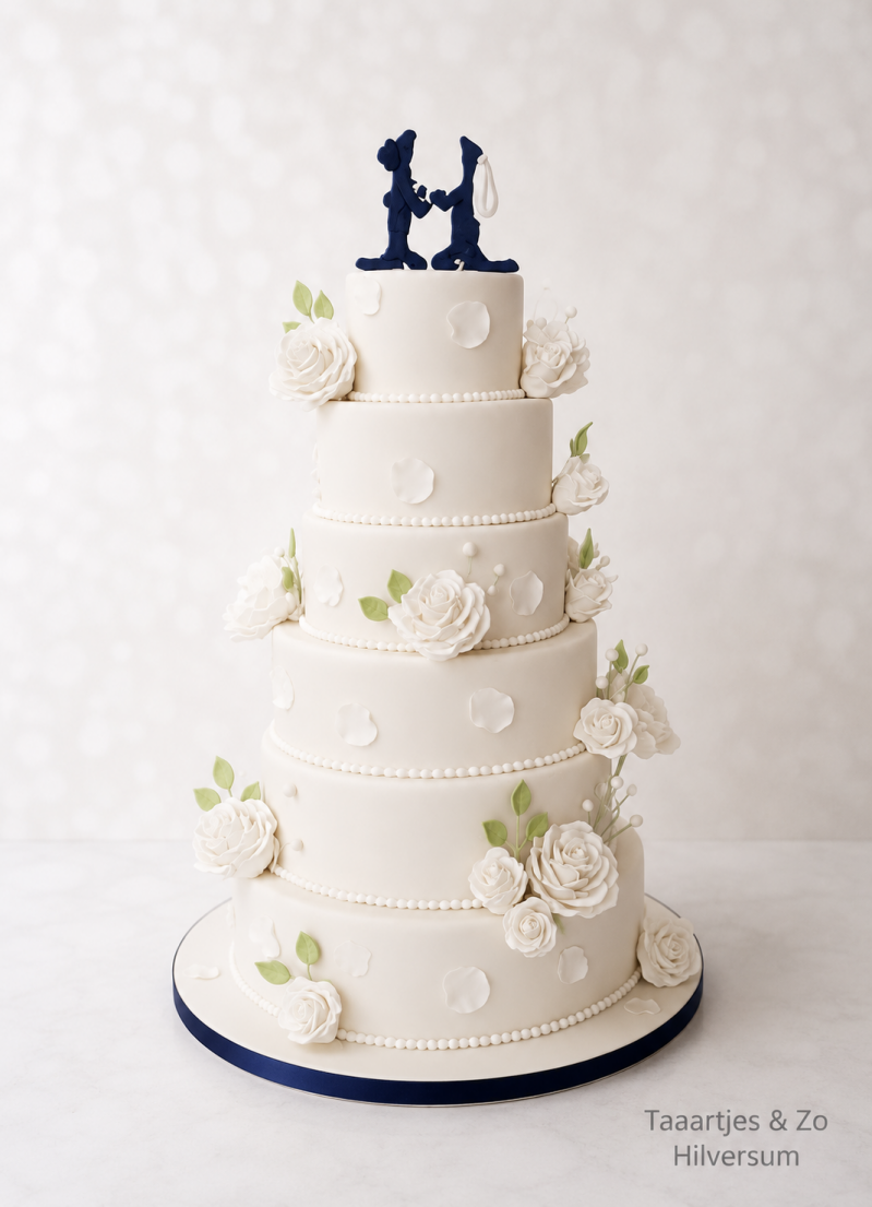 romantische bruidstaart met handgemaakte roosjes en gekkos als taarttopper
