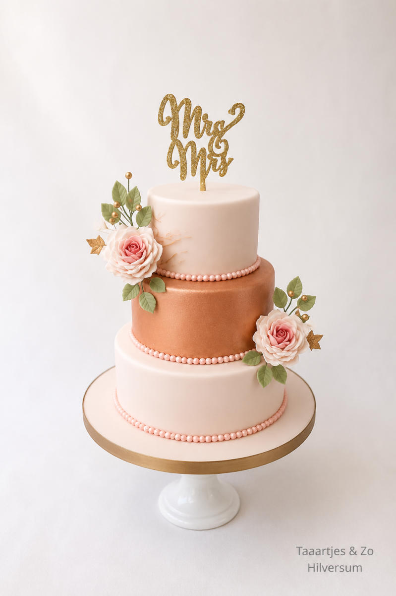 rose gouden bruidstaart met zalm en handgemaakte bloemen
