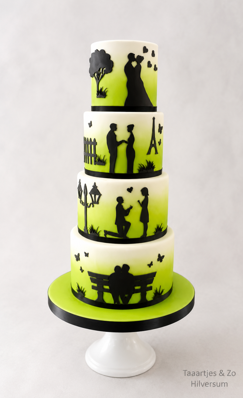 silhouette bruidstaart met levensverhaal en airbrush effect