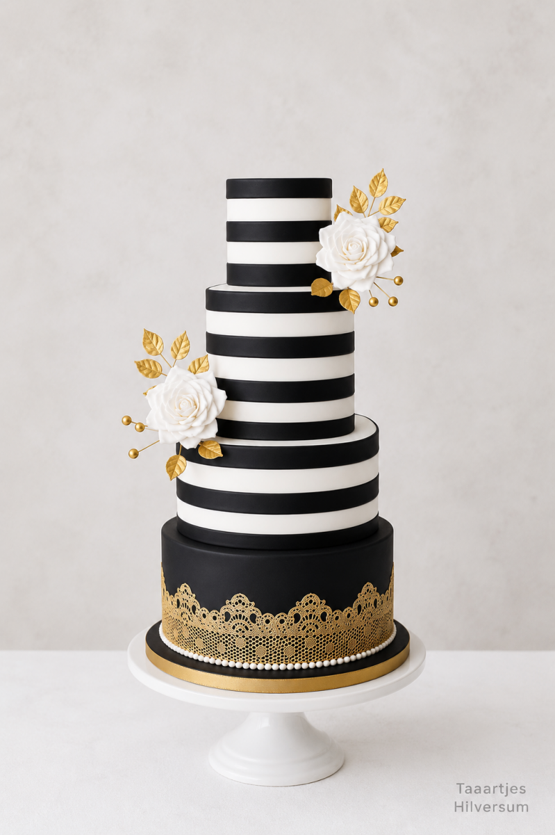 strakke zwart wit goud bruidstaart wedding cake black white gold