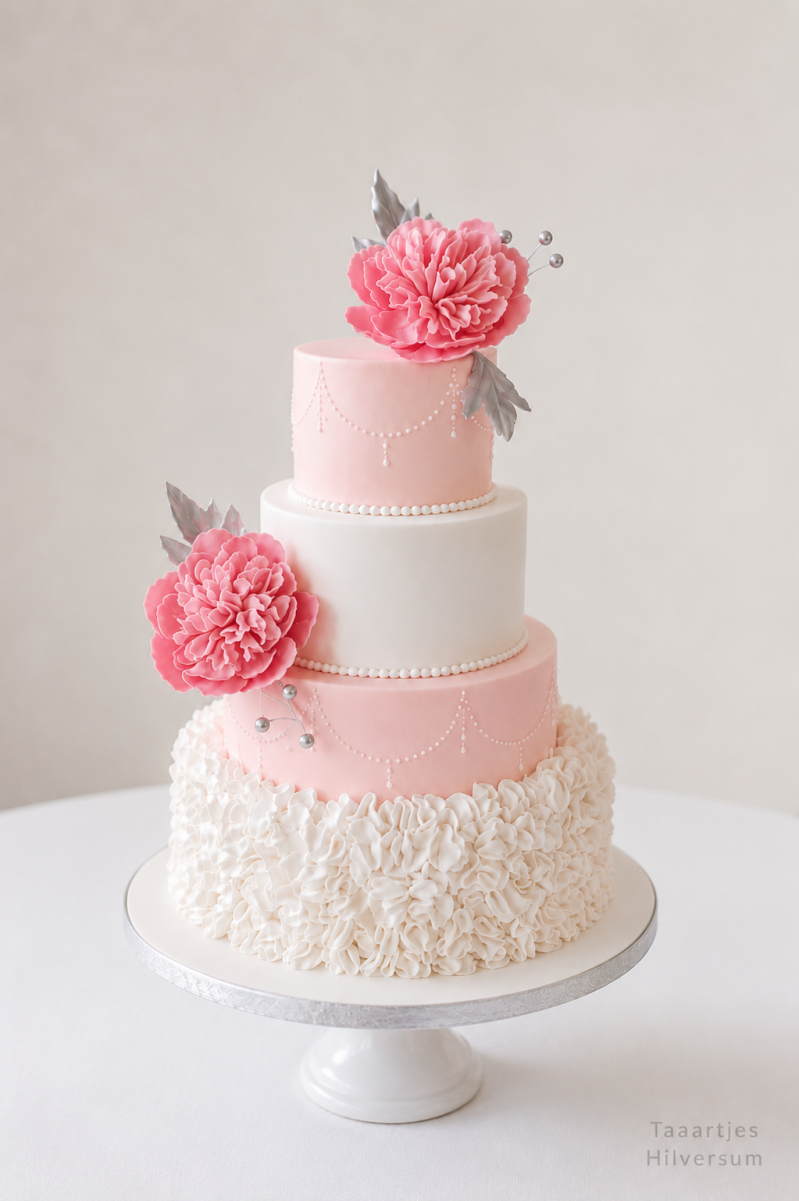 witte 4 laagse bruidstaart met handgemaakte pioenrozen en ruffles