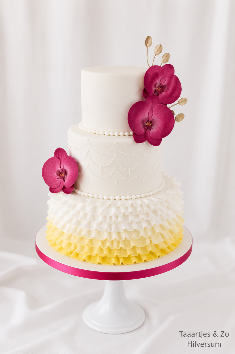witte bruidstaart met geel ombre ruffles en fuchsia handgemaakte orchideeen