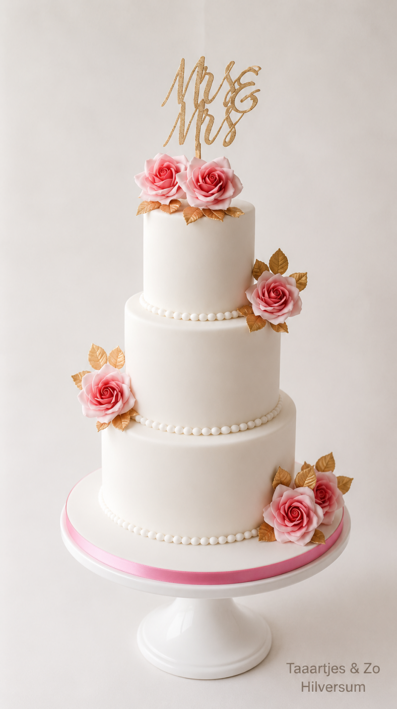 witte bruidstaart met handgemaakte roosjes en gouden details