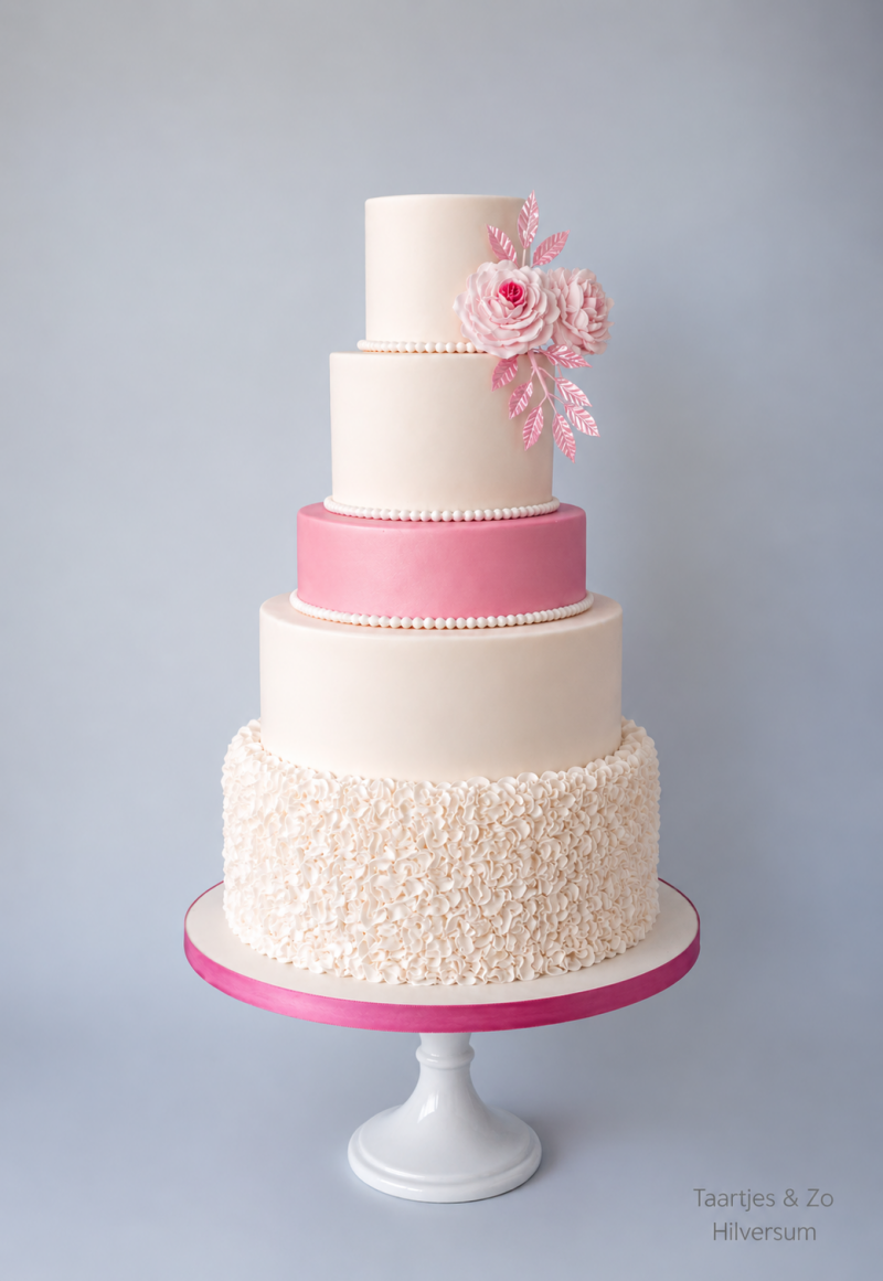 witte bruidstaart met roze laag, ruffles en handgemaakte rozen