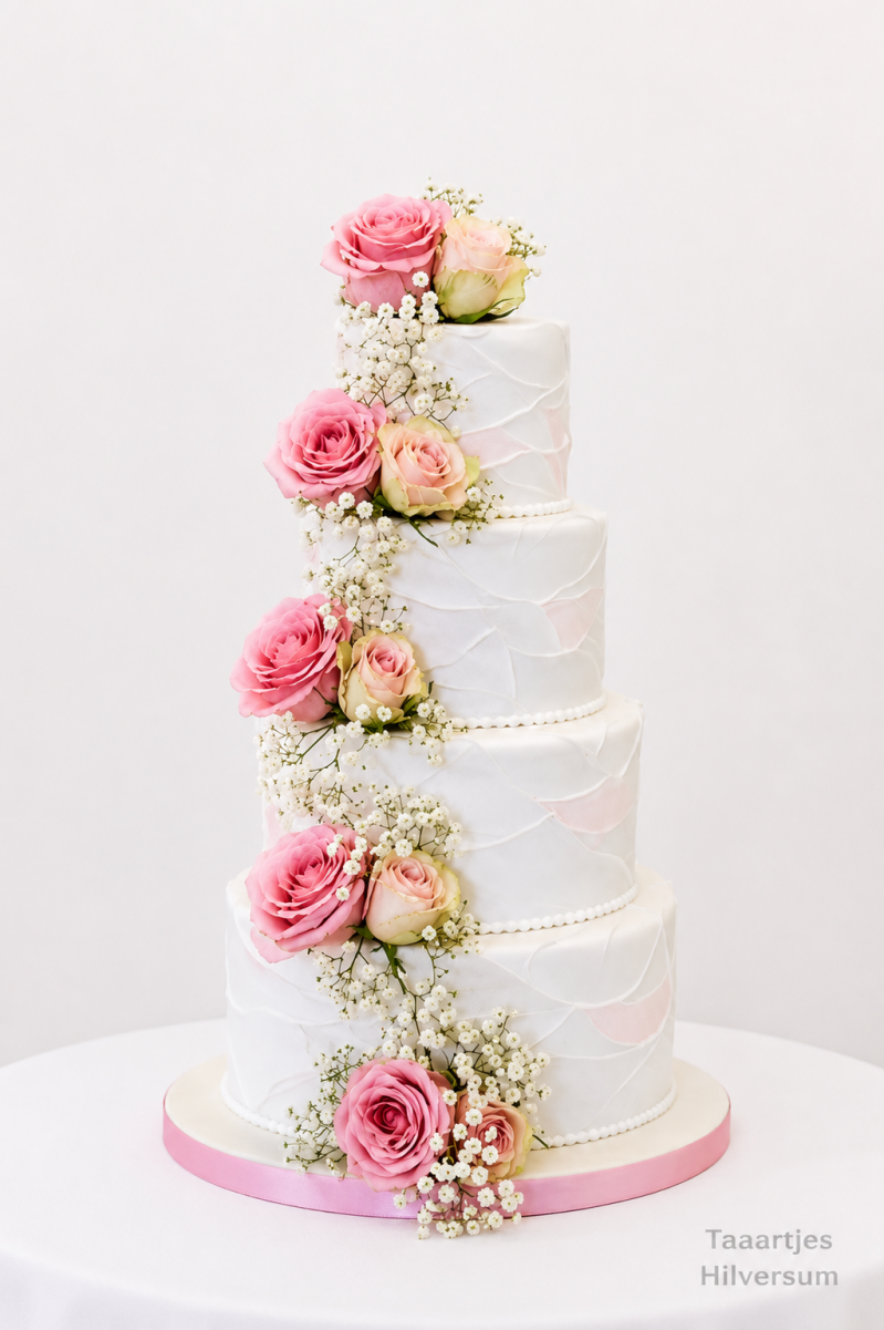 witte romantische bruidstaart met echte rozen in een slinger en royal icing lijntjes