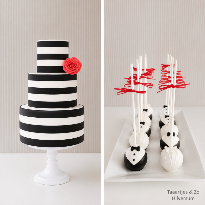 zwart wit gestreepte bruidstaart en cakepops