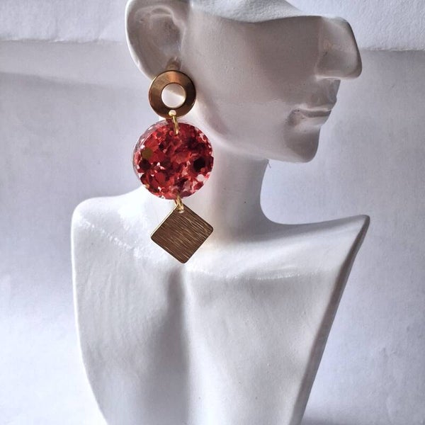 Boucles d’oreilles Rouge Éclat & Losange Doré