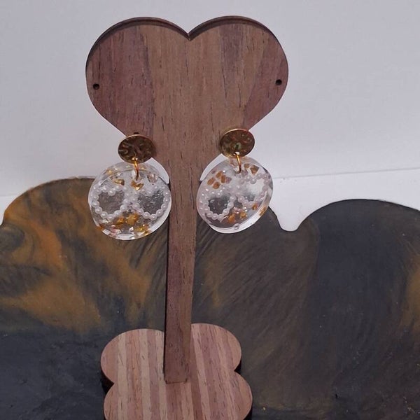 Boucles d'oreilles - Duo de cœurs et feuilles d'or