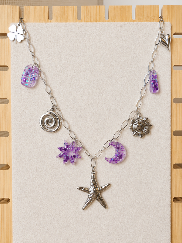 💜 Collier à breloques – Violet & argenté