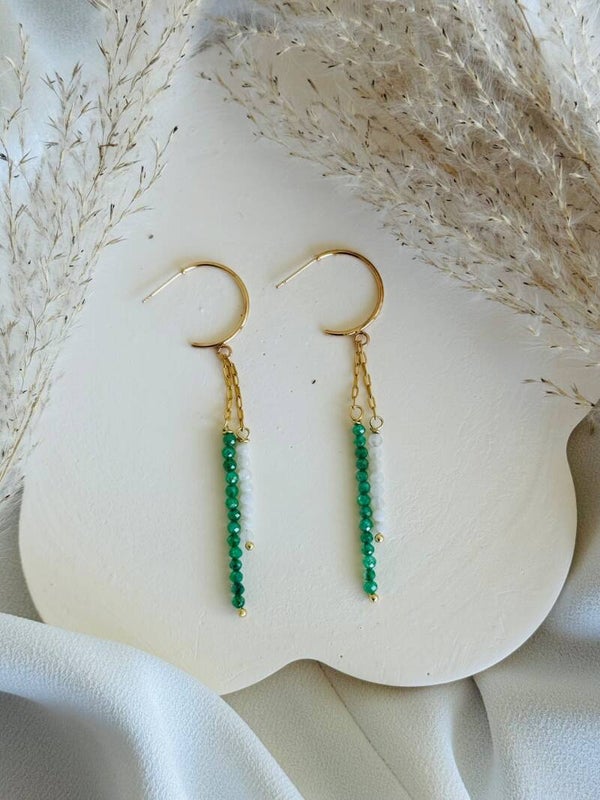 Golden Chain Drop Earrings – Green & Moonstone
