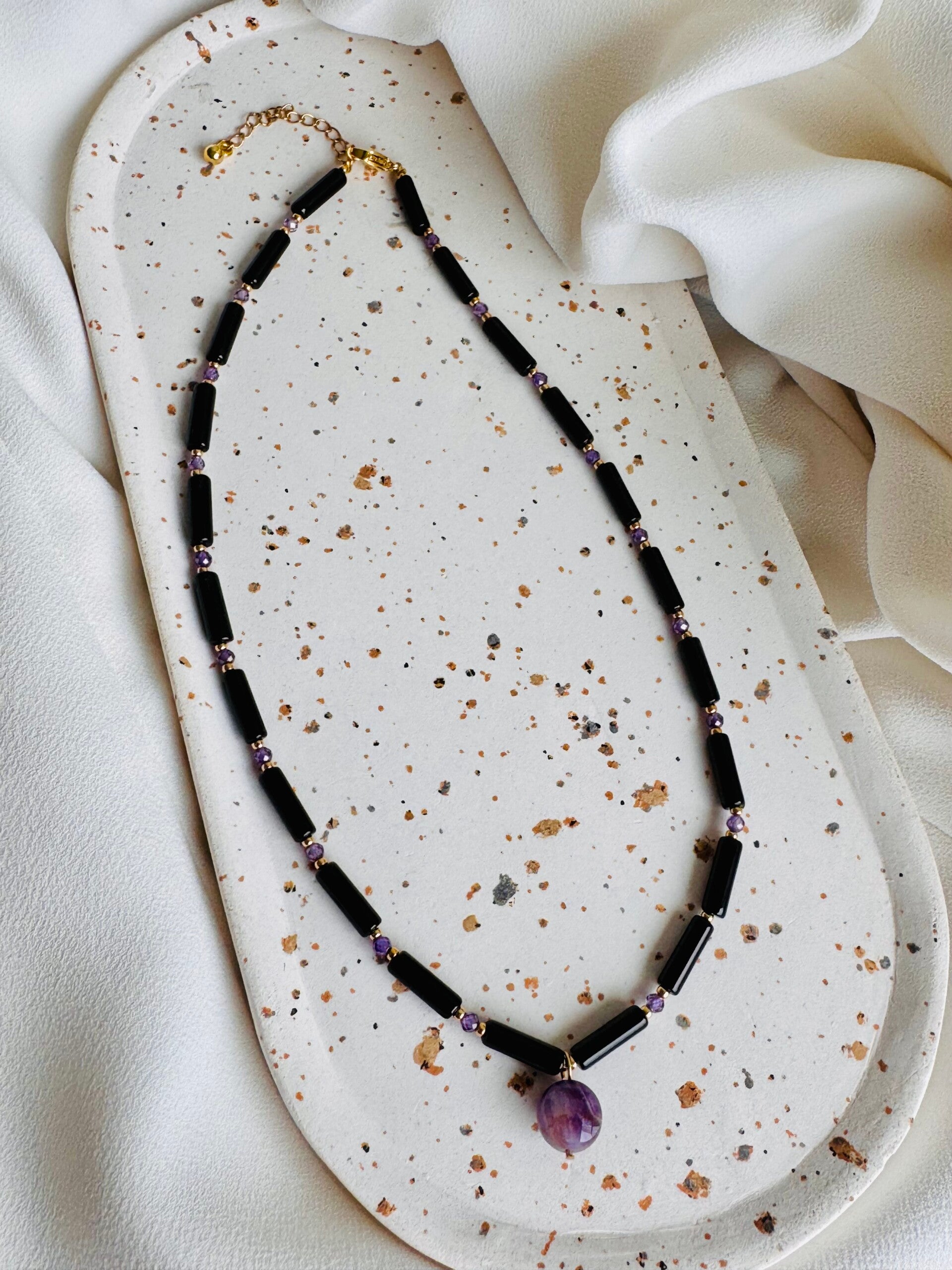 Black obsidian & purple amethyst necklace