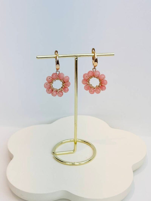 Rose quartz with gold earrings flower shape