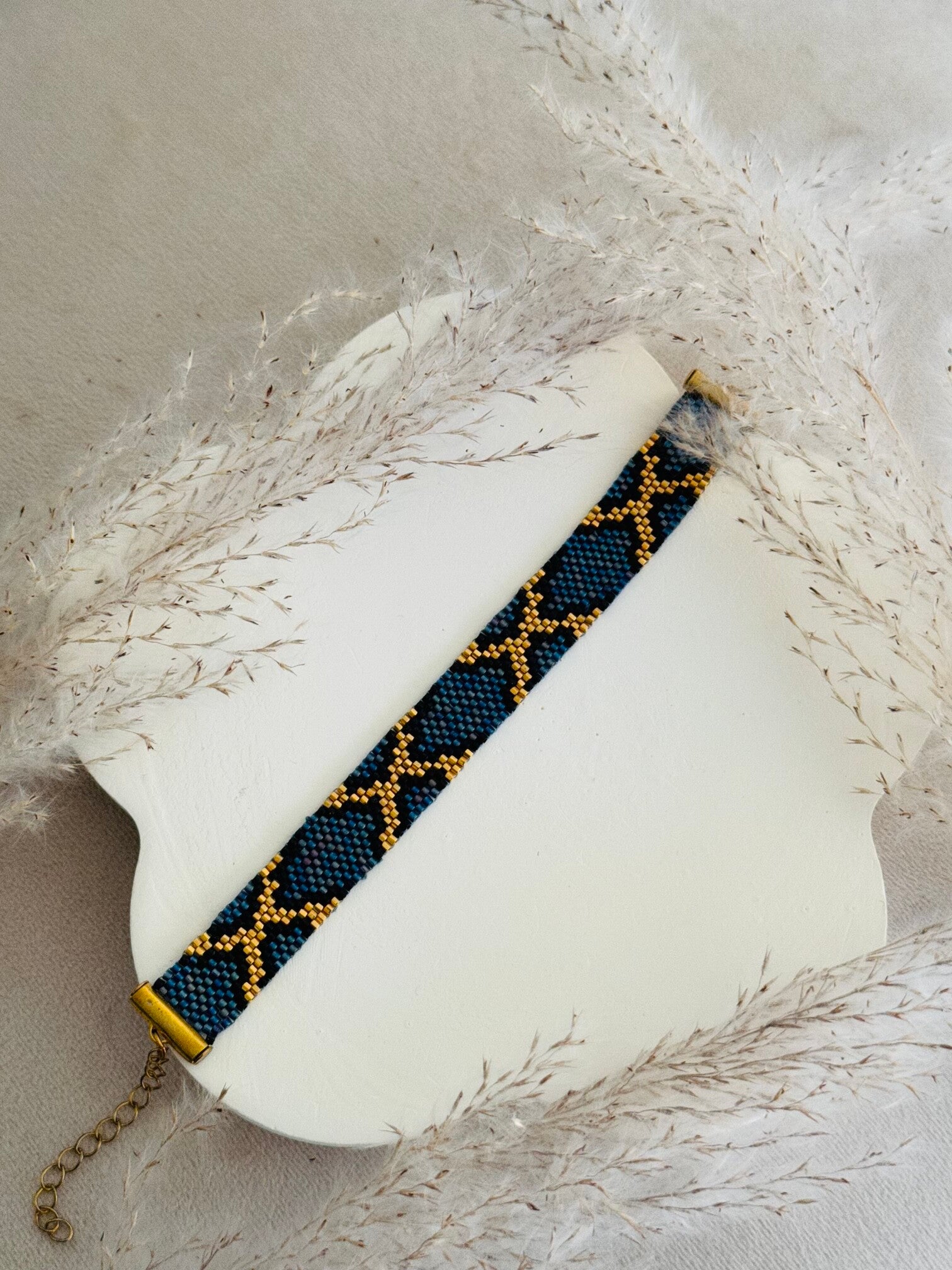Miyuki bracelet blue-black-gold snake print