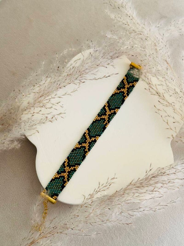 Miyuki bracelet green-black-gold snake print