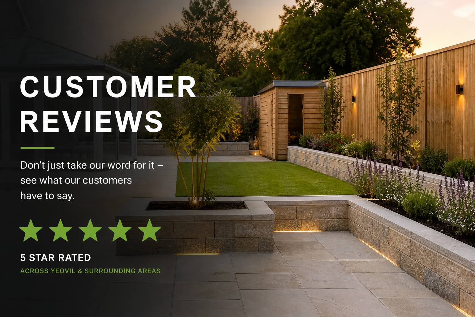 Customer reviews page image showing a modern landscaped garden with patio, fencing, and 5-star rating for Heritage Landscaping & Fencing in Yeovil.