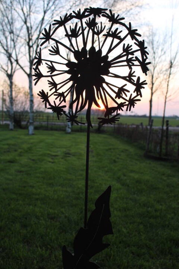 Paardenbloem met blad op steker roest staal