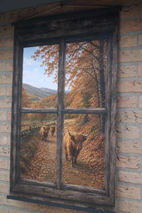 Tuinposter raam Herfst hooglanders met ophangbevestiging