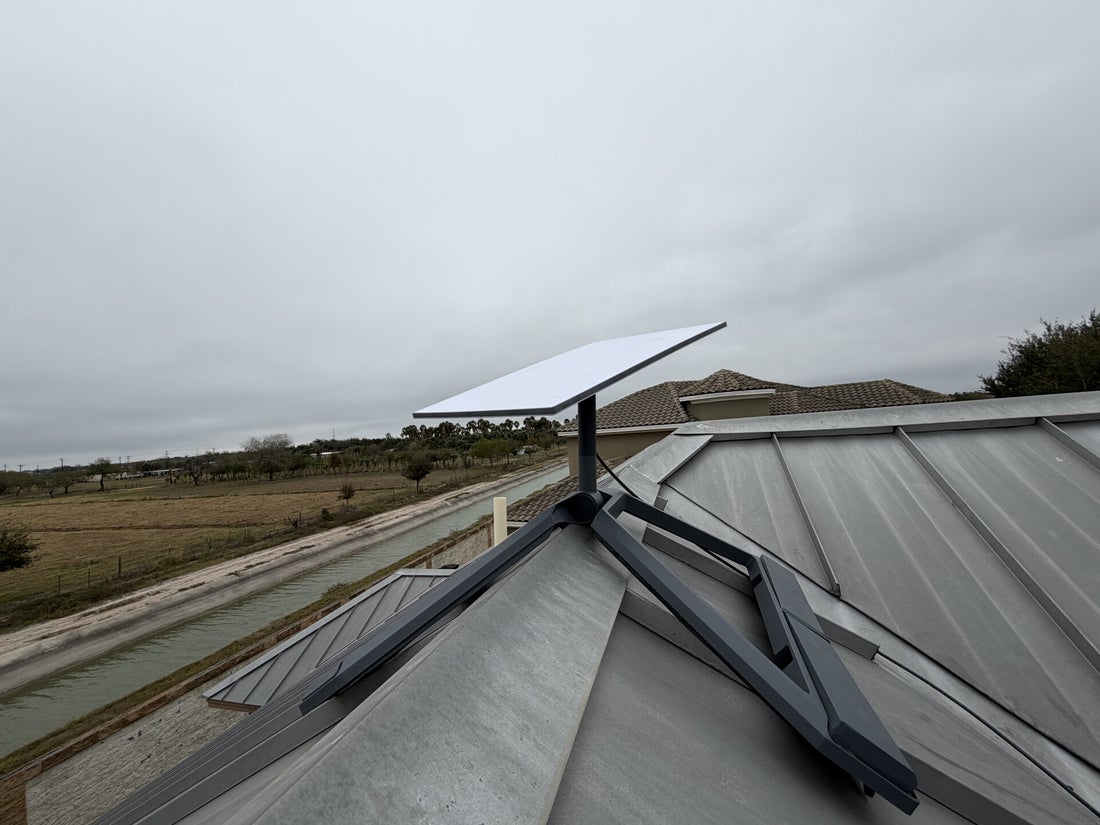 Starlink dish installed with a ridge mount on a metal roof by VDZ Electrical Services
