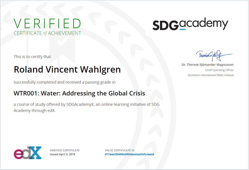 Certificate of Achievement for course, Water: Addressing the Global Crisis