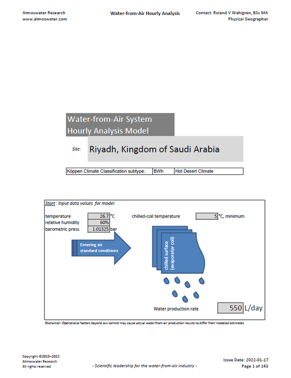 Water-from-Air Hourly Model Report for Riyadh, Saudi Arabia