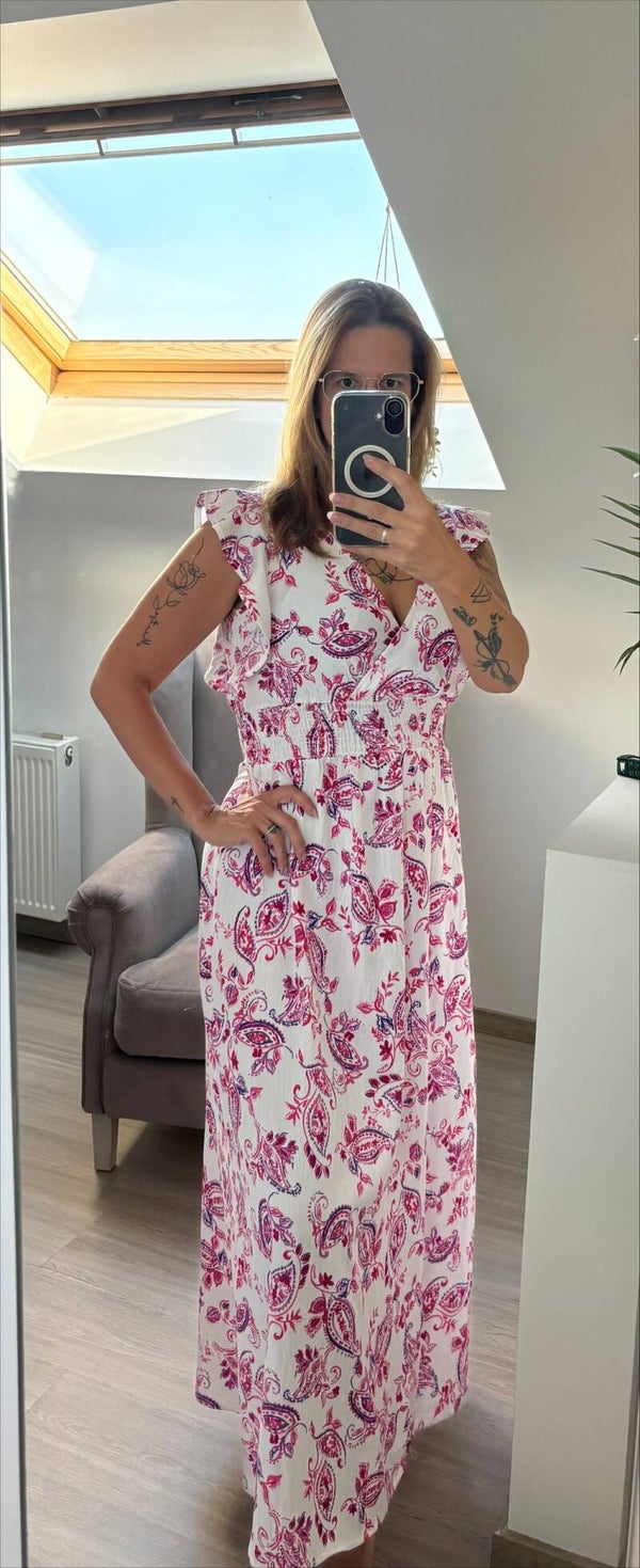 Lange zomerjurk wit/roze