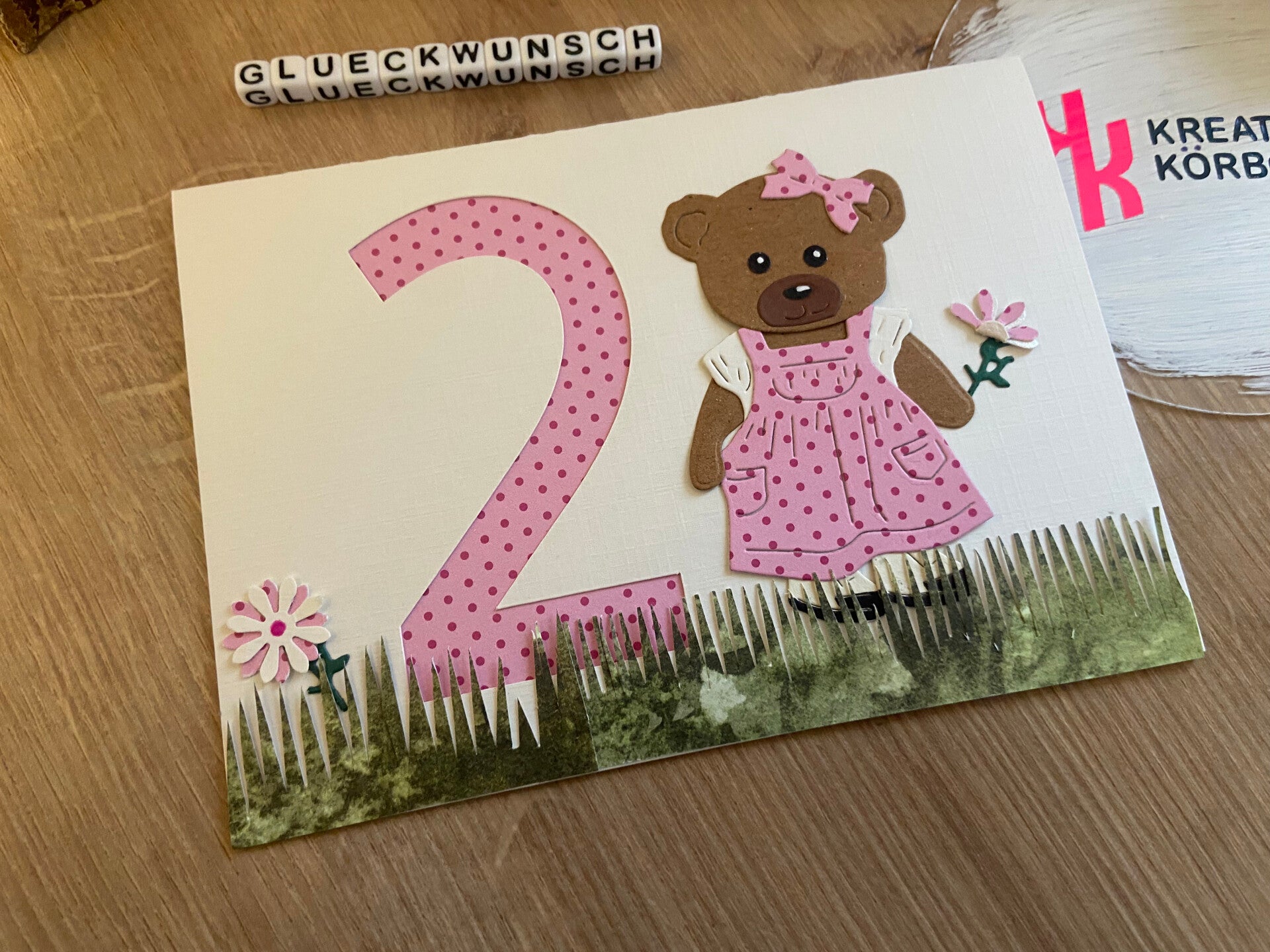 Geburtstagskarte zum 2. Geburtstag mit süßem Teddymädchen