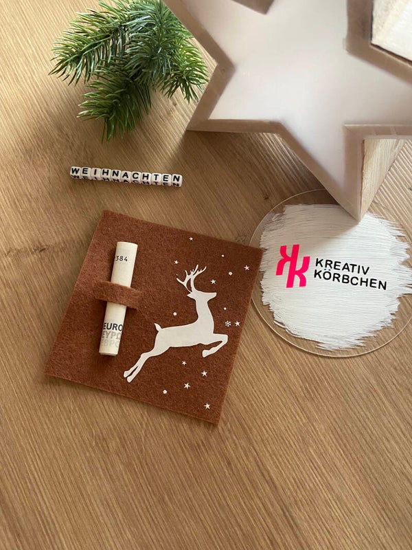 Frohe Weihnachten Reh, Geldgeschenk aus Filz