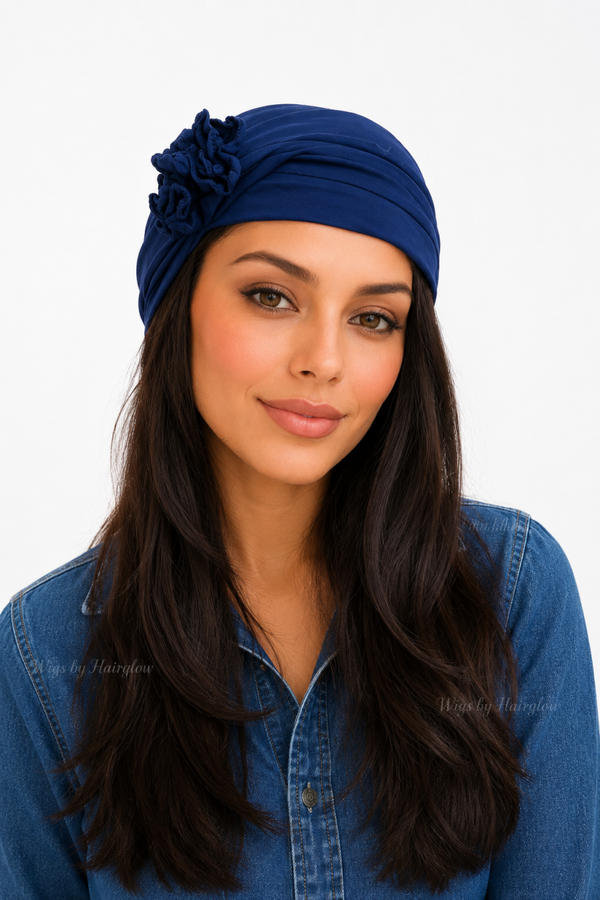 Turban blauw met bloem