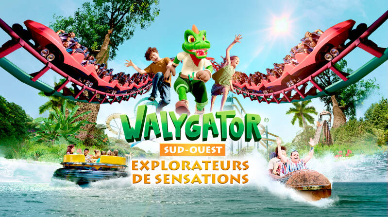 Affiche promotionnelle de Walygator Sud‑Ouest, parc d’attractions du Lot‑et‑Garonne, explorateurs de sensations.