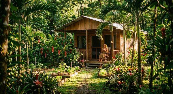 "Ein sonnendurchflutetes tropisches Permakultur-Paradies in Costa Rica mit einer rustikalen Holzhütte. Eine Frau sitzt entspannt in einem Schaukelstuhl auf der Veranda, umgeben von ueppigen, essbaren Gemuesebeeten mit reifen Erdbeeren, Helikonien und Brom