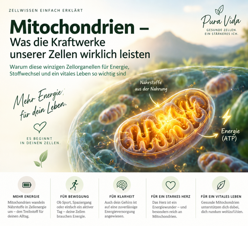 „Infografik über Mitochondrien als Kraftwerke unserer Zellen mit Darstellung der Energiegewinnung aus Nährstoffen und ATP.“