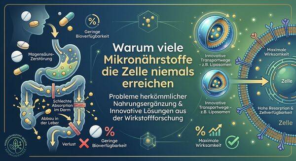 Schematische 3D-Darstellung einer biologischen Zelle mit leuchtenden Mitochondrien, die den Prozess der zellulären Energieproduktion (ATP-Synthese), Bioverfügbarkeit und Nährstoff-Logistik auf Zellebene veranschaulicht.