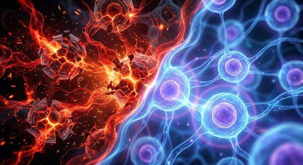 Illustration des Zellspannung-Kontrasts: Links eine entzündete Zelle unter oxidativem Stress durch Sarkoidose (rot/orange) und rechts eine regenerierte, gesunde Zelle mit hoher elektrischer Spannung (blau leuchtend)