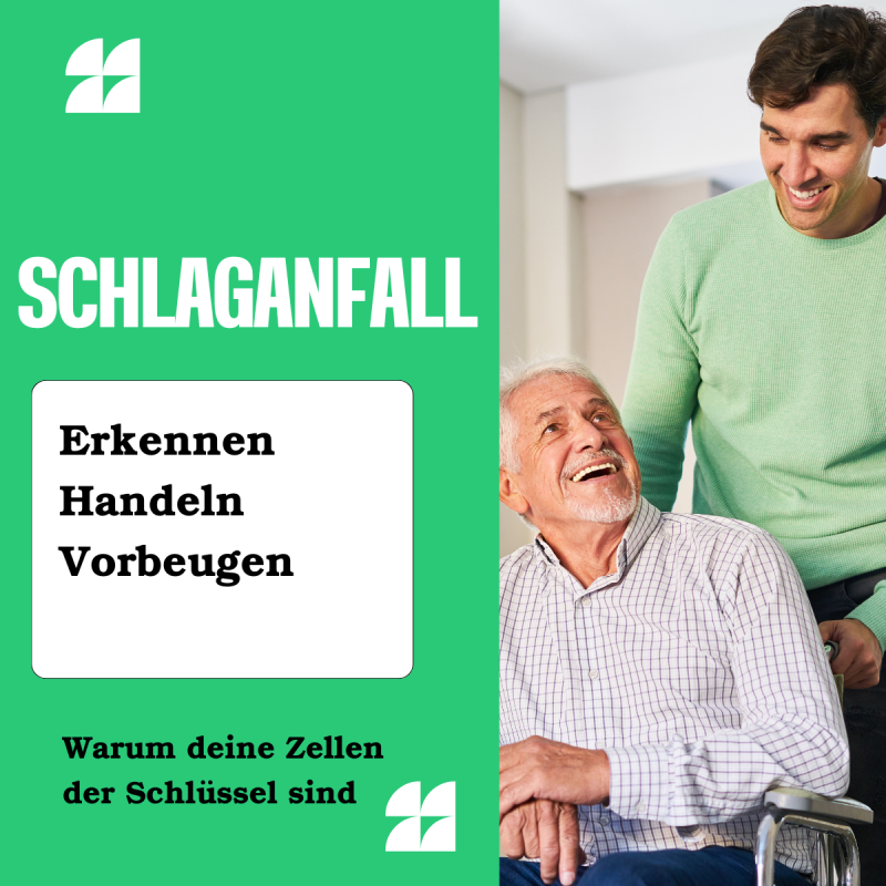 Infografik zum Thema Schlaganfall erkennen, handeln und vorbeugen mit Fokus auf Zellgesundheit, zeigt einen lächelnden älteren Mann im Rollstuhl und einen jungen Begleiter.