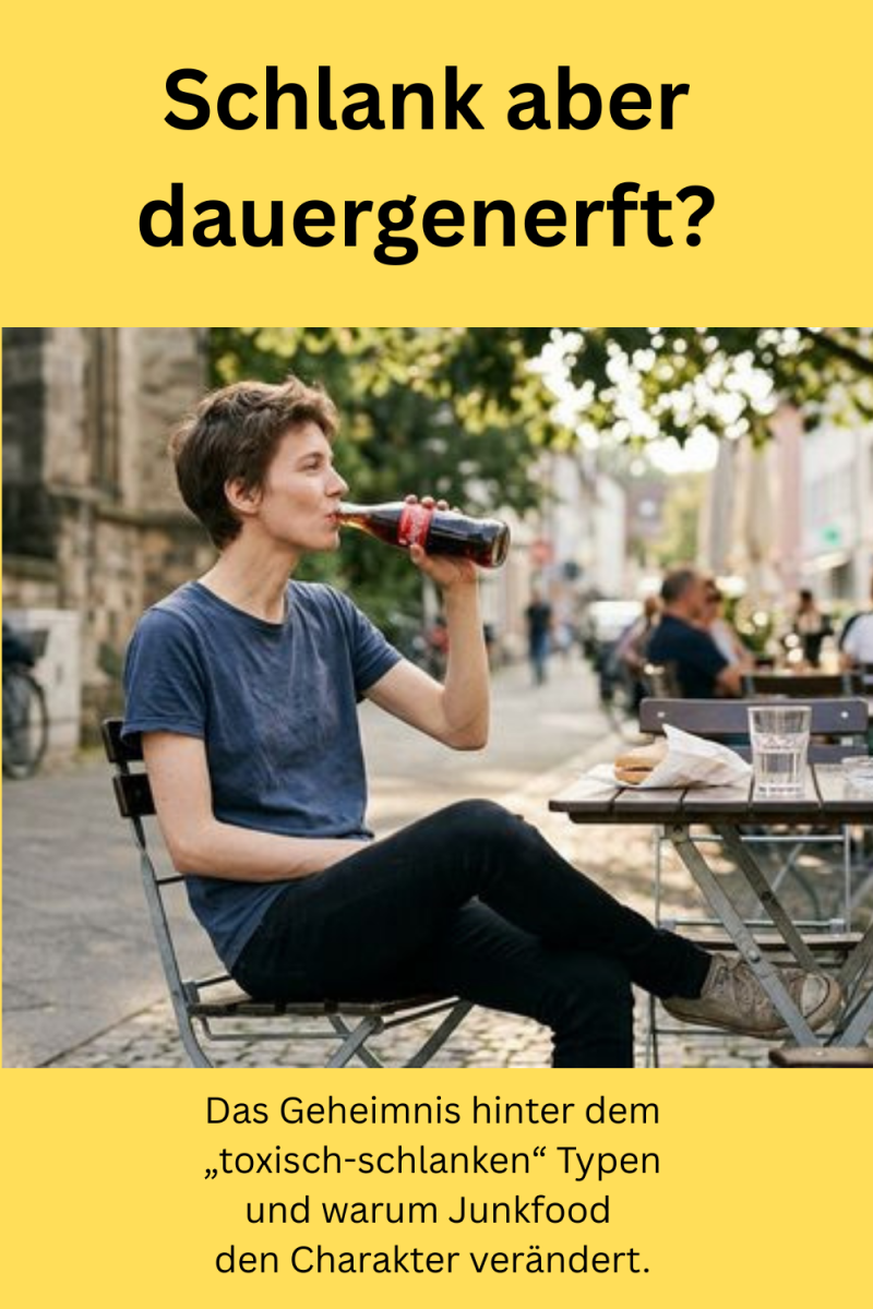 „Schlanke Person trinkt Cola in einem Straßencafé – Symbolbild für TOFI und zelluläre Auswirkungen von Junkfood auf die Stimmung.“