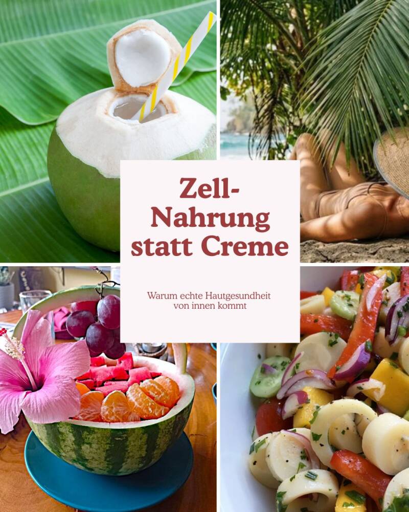 "Collage Zell-Nahrung statt Creme: Tropische Früchte, gesunder Salat und Strand-Lifestyle in Costa Rica für reine Haut."