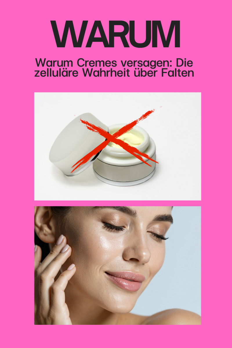 Infografik auf pinkem Hintergrund mit der Überschrift „WARUM Cremes versagen: Die zelluläre Wahrheit über Falten“. Das Bild zeigt oben einen mit einem roten Kreuz durchgestrichenen Kosmetiktiegel und unten das Porträt einer Frau mit strahlender, glatter H