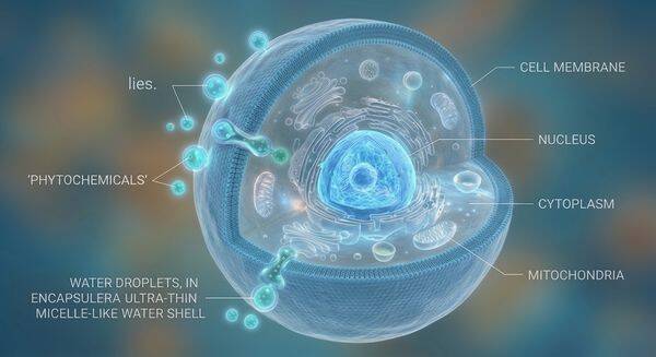 Illustration einer menschlichen Zelle im Querschnitt zur Erklärung der zellulären Bioverfügbarkeit von Phytochemicals. Sichtbar sind Zellmembran, Zellkern, Mitochondrien und der Transport von Wirkstoffen in einer ultra-feinen Wasserhülle (Aquaceutical-Ver
