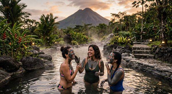 "Natürliche Hautpflege im Tropenparadies: Eine verjüngende Vulkan-Schlamm-Gesichtsmaske bei heißen Quellen in Costa Rica zur Förderung der Zellregeneration und Entspannung."