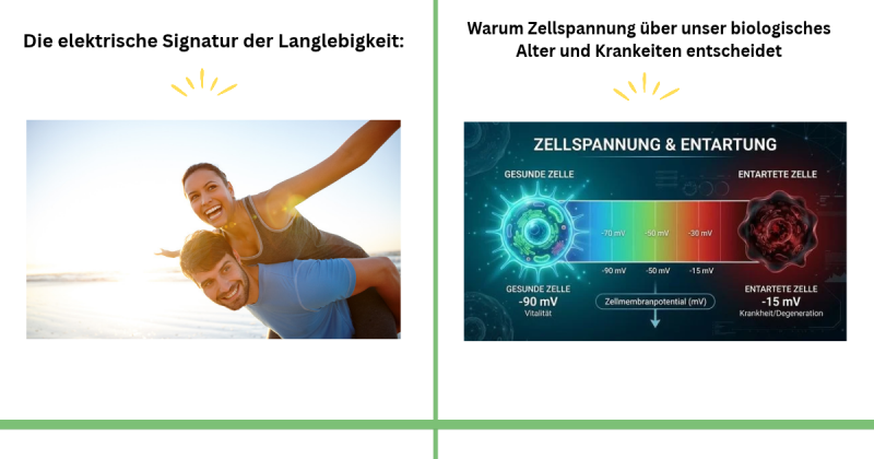 "Medizinische Infografik zur Zellspannung: Vergleich einer gesunden Zelle bei -90mV (Vitalität) und einer entarteten Zelle bei -15mV (Degeneration) inklusive Skala des Zellmembranpotentials."