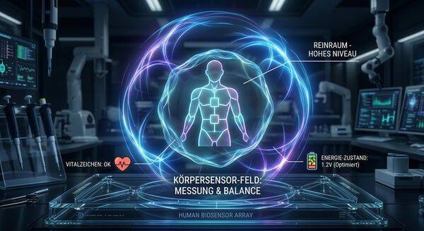 Illustration einer leuchtenden menschlichen Zelle in einem schützenden elektromagnetischen Energiefeld zur Veranschaulichung optimaler Zellspannung und Regeneration.