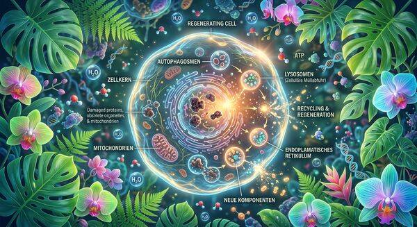 Visualisierung einer sich regenerierenden menschlichen Zelle auf molekularer Ebene bei der Autophagie, umgeben von tropischen Blättern und mikrofeinen Wassertröpfchen als Symbol für Aquaceutical-Technologie.