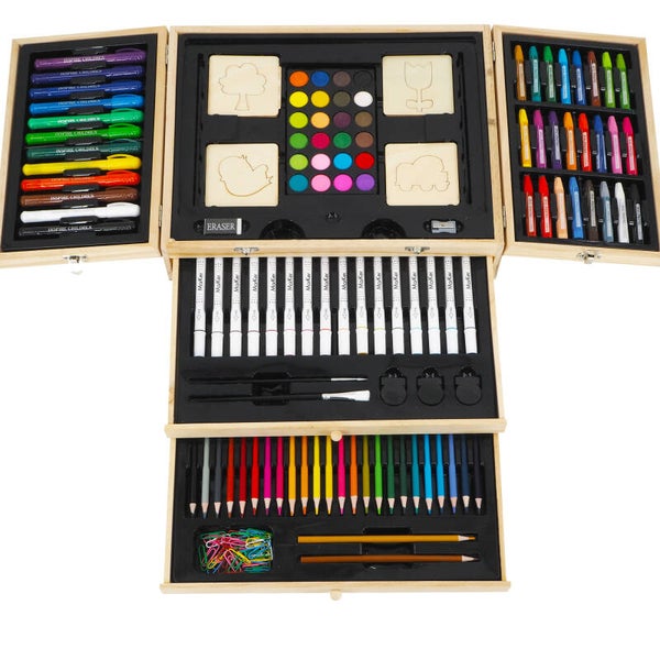 Zestaw artystyczny dla dzieci do malowania i rysowania 196 elementów + Drewniana Walizka