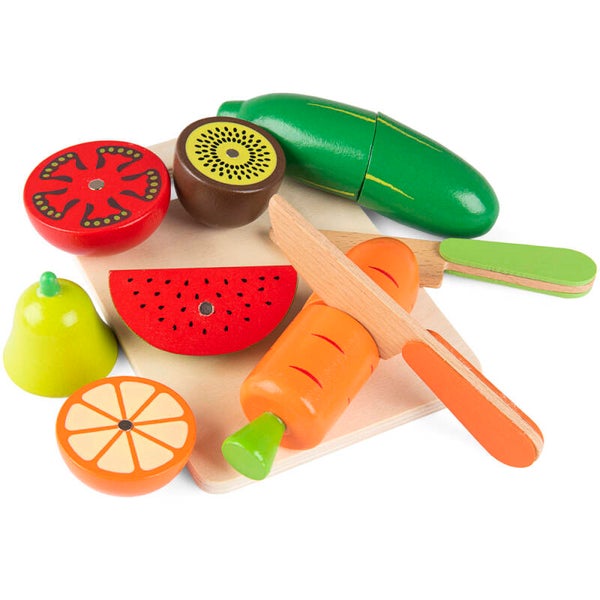 Zestaw drewnianych Owoców i Warzyw do krojenia z magnesem + Tacka + Nożyk + Obieraczka