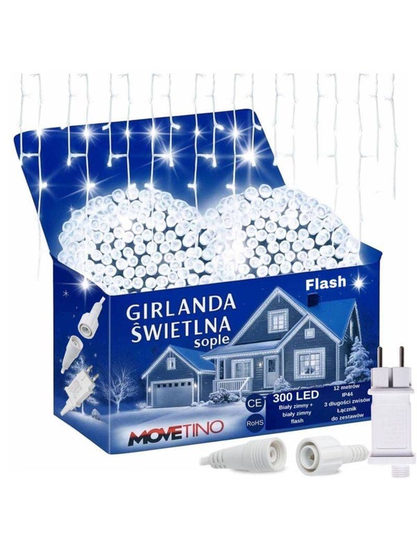 Sople lampki świąteczne zewnętrzne 300LED Biały Zimny + FLASH Zimny