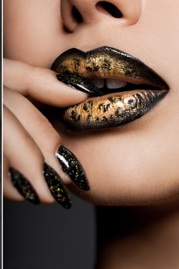 Glasschilderij goud zwarte lippen